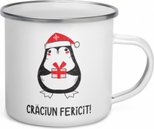 Cana metalica emailata personalizata Craciun fericit Pinguin