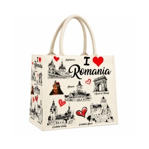 Geantă tip sacoșă România cu obiective turistice, 33 x 25 x 13 cm