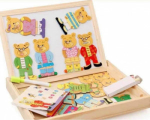 Tabla magnetica educativa pentru copii din lemn 3 in 1 cu elemente puzzle Ursuleti