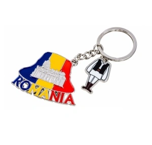 Breloc România cu Casa Poporului și costum tradițional românesc – suvenir metalic, 10 cm