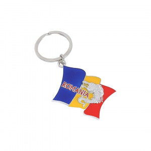 Breloc din metal Lupul Dacic, suvenir Romania, 9 cm, forma steag