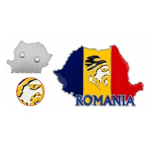 Magnet suvenir România, hartă și portret românesc, detalii cromate