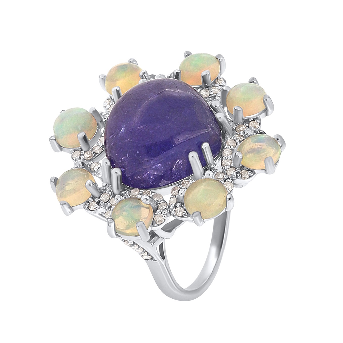 Inel din argint cu tanzanit natural, opal natural și diamante naturale
