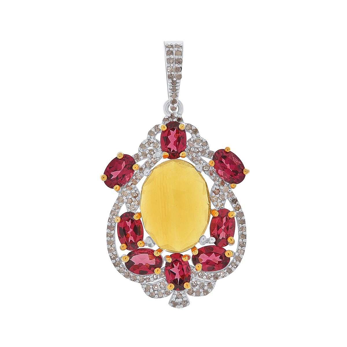 Pandantiv din argint cu citrin natural, granat natural si diamante naturale