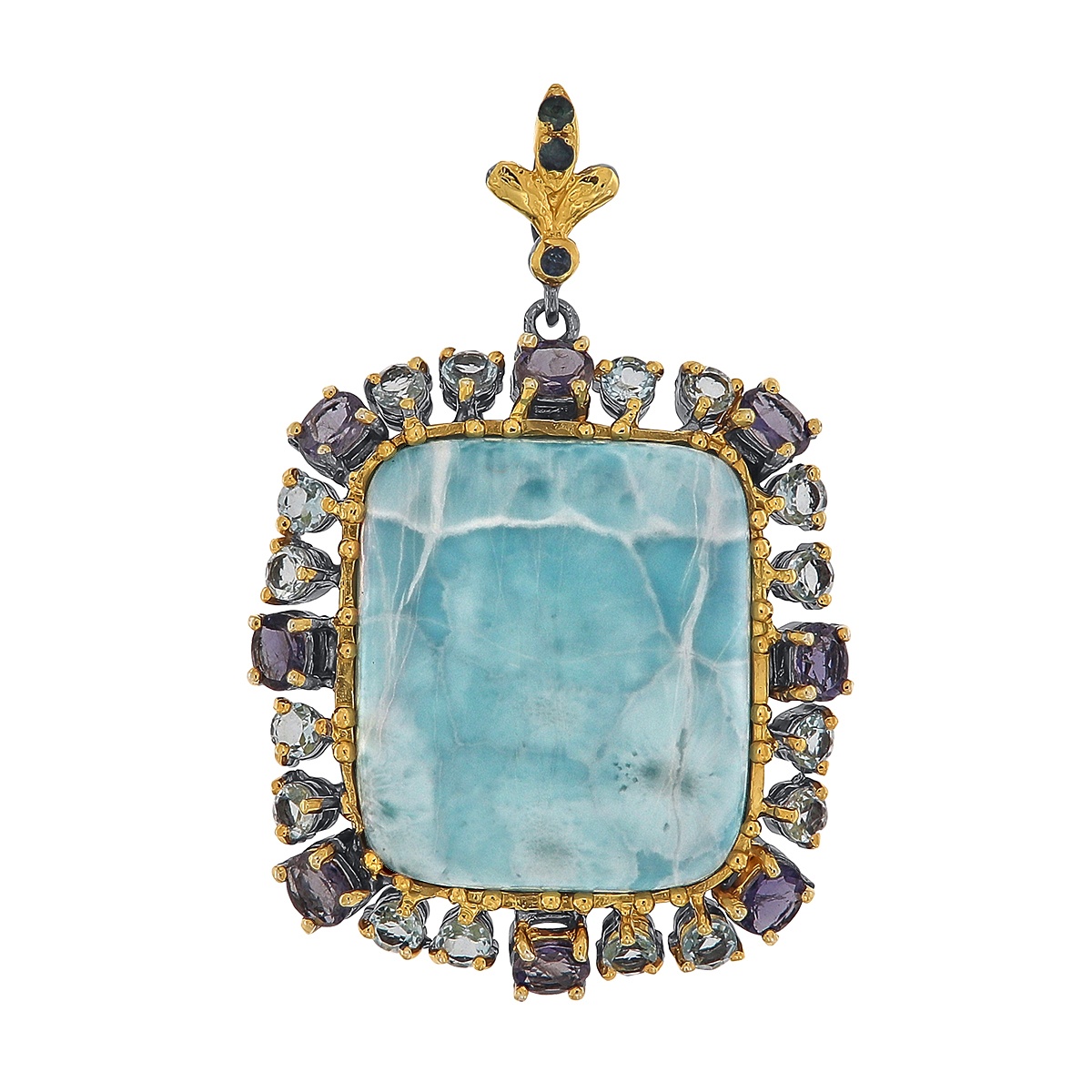 Pandantiv din argint cu larimar, topaz, iolit și safir