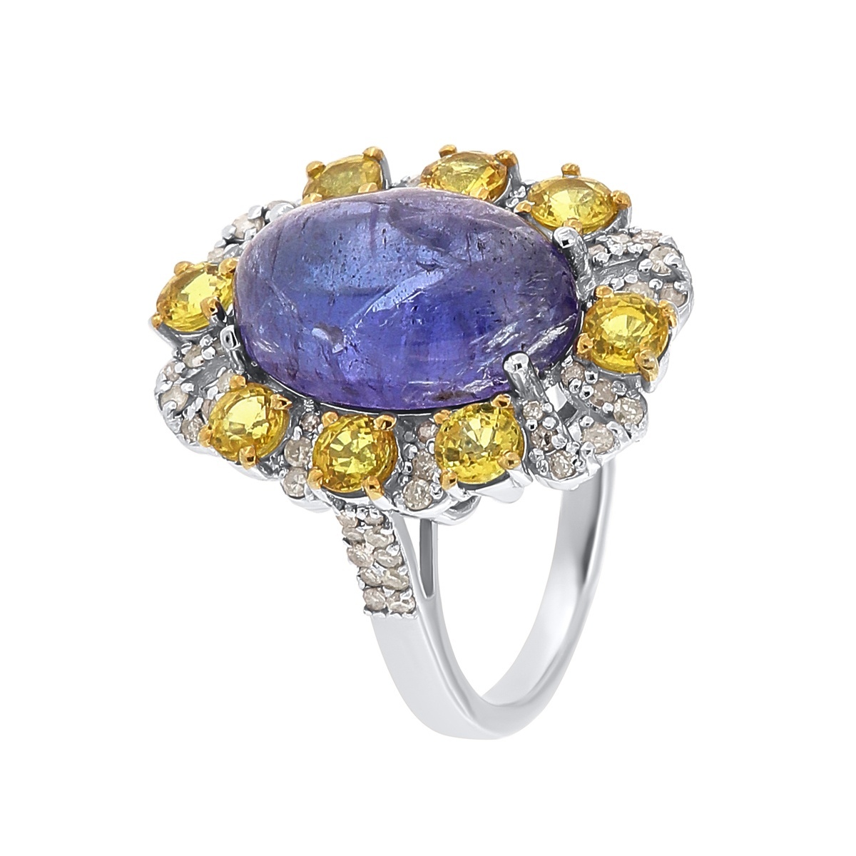Inel din argint cu safir natural, tanzanit natural si diamante naturale