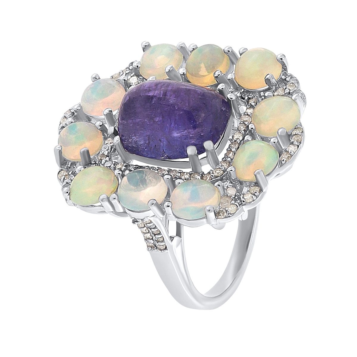 Inel din argint cu tanzanit, opal și diamante naturale