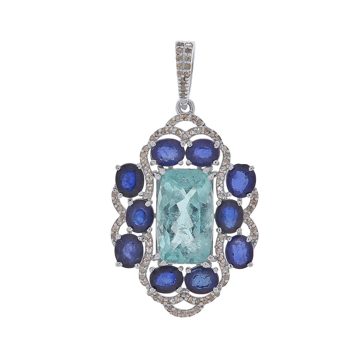 Pandantiv din argint cu acvamarin natural, safir natural și diamante naturale