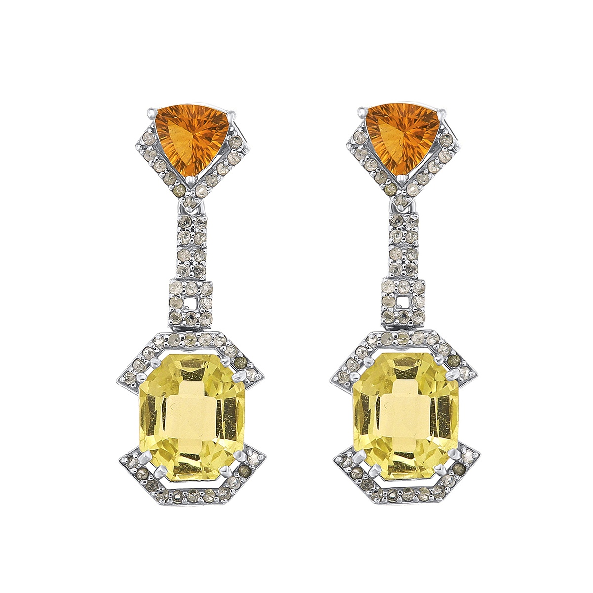 Cercei din argint cu citrin natural, cuarț natural și diamante naturale