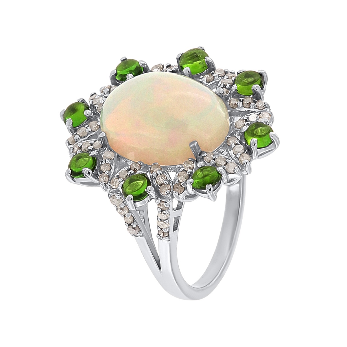 Inel din argint cu opal natural, diopsid și diamante naturale