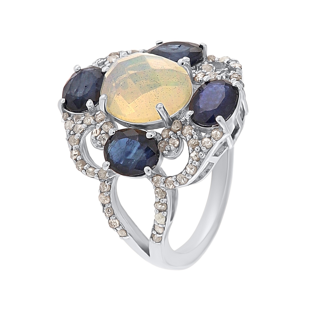 Inel din argint cu safir natural, opal natural si diamante naturale
