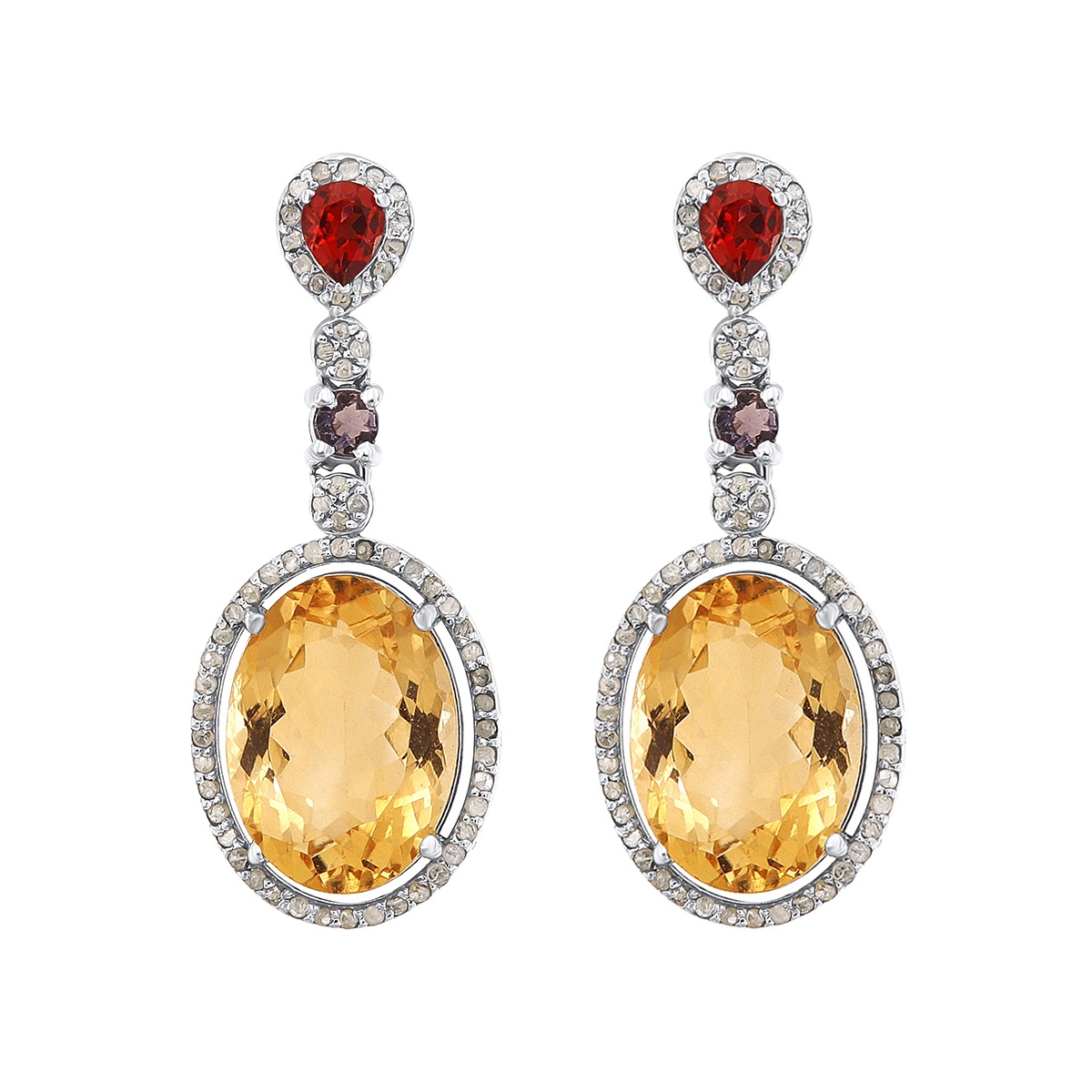 Cercei din argint cu granate, tanzanite, citrine și diamante naturale