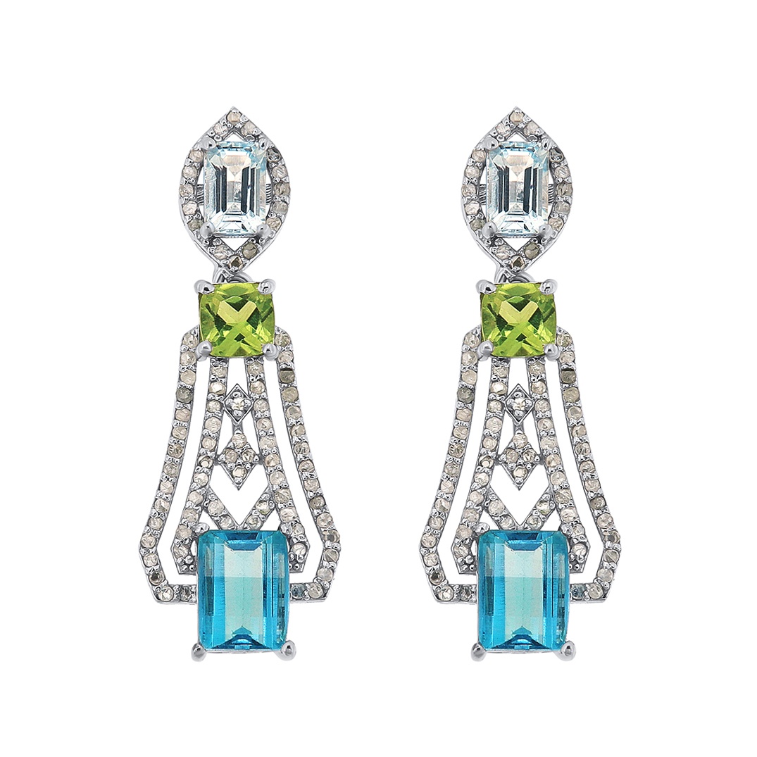 Cercei din argint cu topaze naturale, peridote naturale, acvamarine naturale și diamante naturale