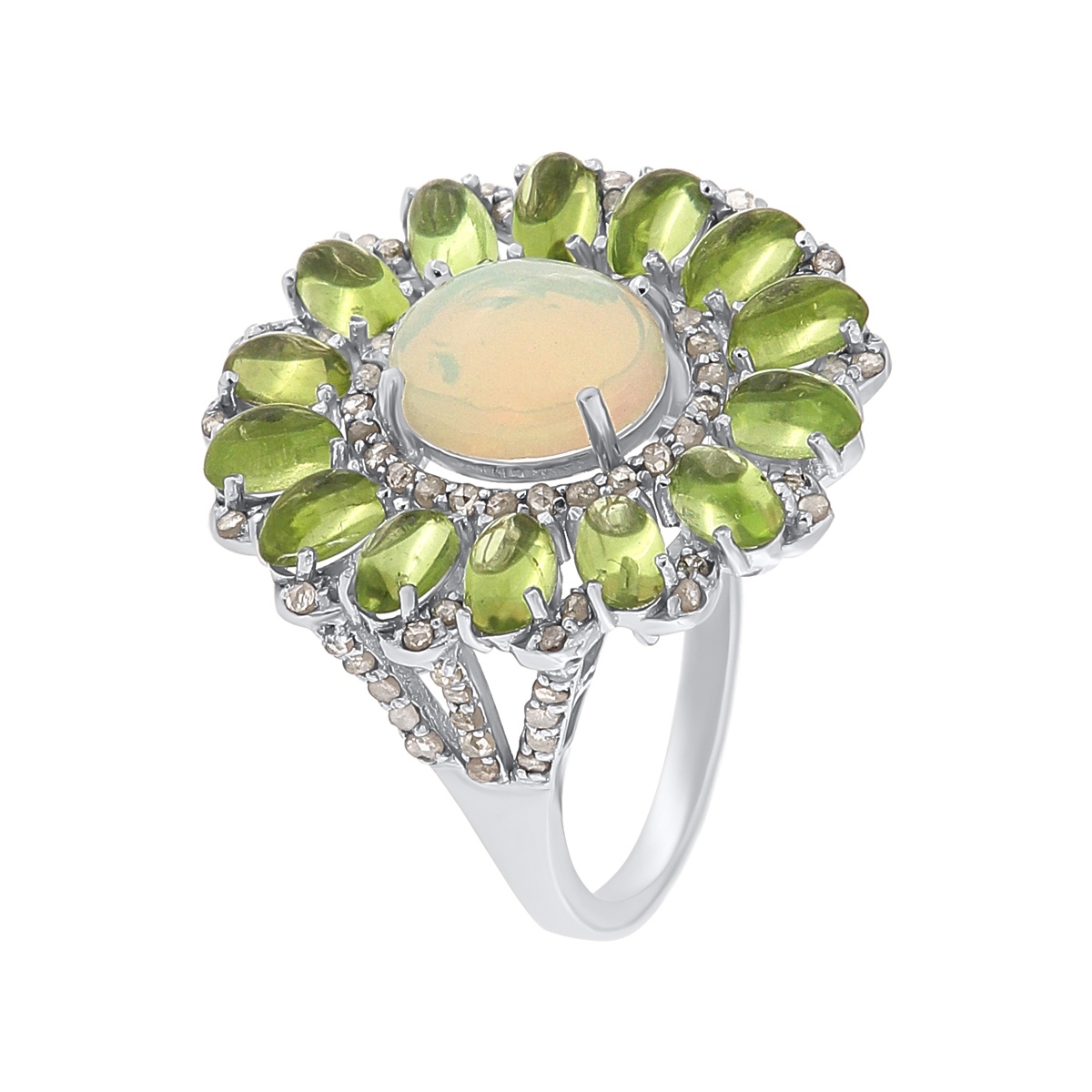 Inel din argint cu peridot natural, opal natural și diamante naturale