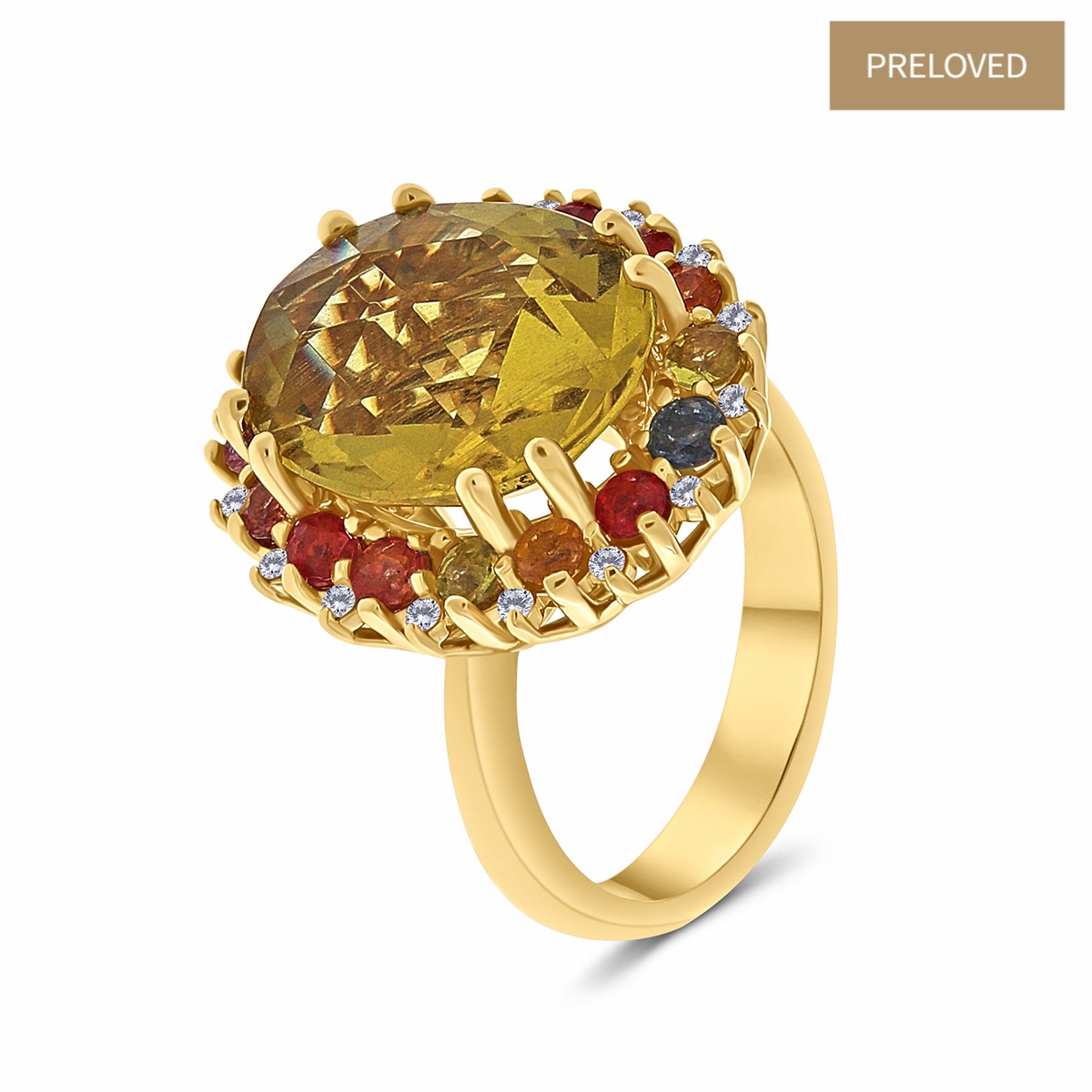 Inel din aur de 14k cu heliodor natural de 6.40 ct, diamante naturale de 0.13 ct și safire naturale de 1.40 ct