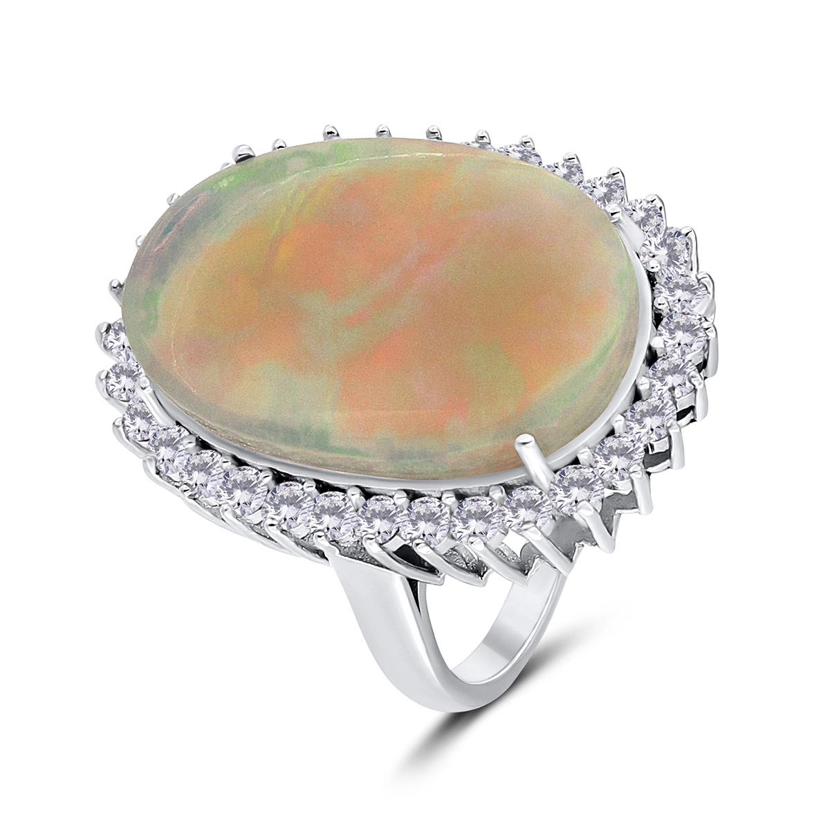 Inel din aur alb de 18k cu opal natural de 10.50 ct si diamante naturale de 1.38 ct