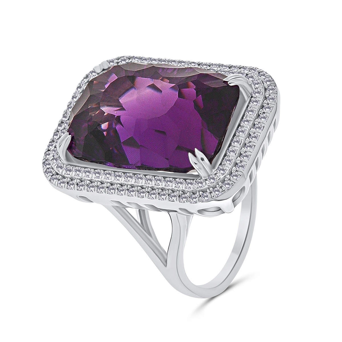 Inel din aur de 14k cu ametist natural de 19.29 ct și diamante naturale de 0.62 ct
