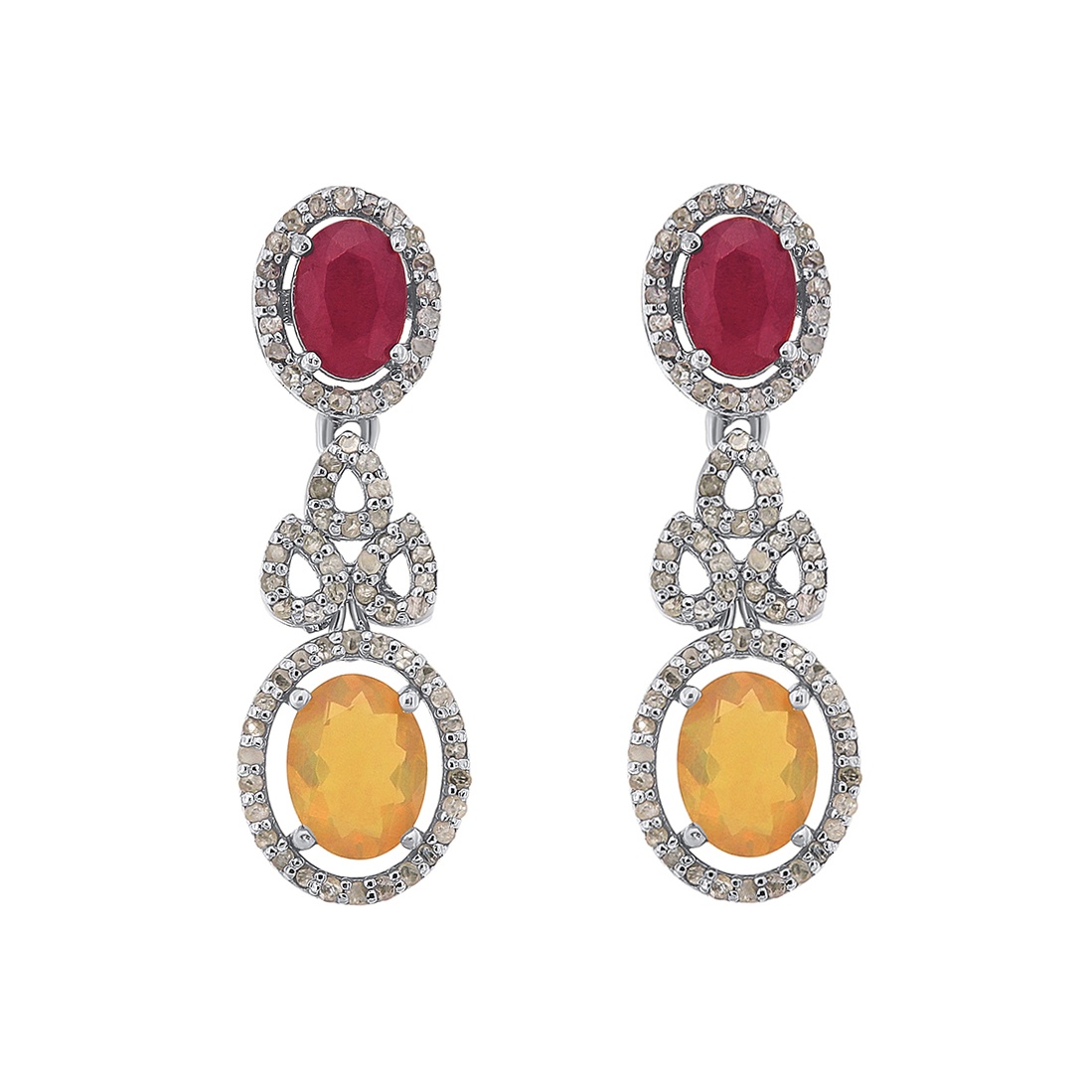 Cercei din argint cu opal natural, rubin natural si diamante naturale