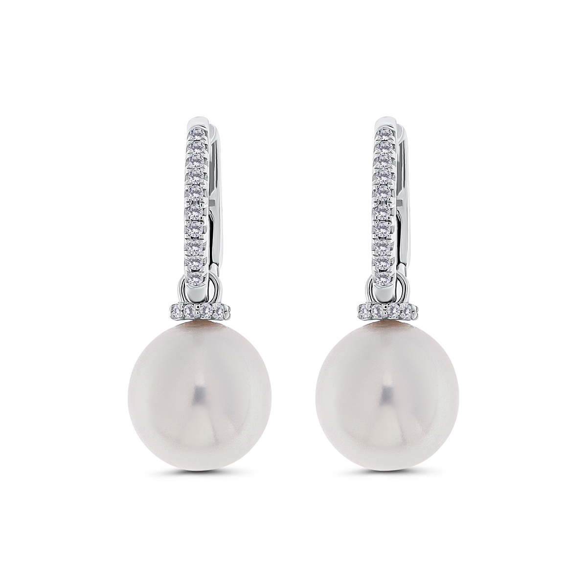 Cercei din aur de 18k cu diamante naturale de 0.17 ct și perle de cultură South Sea