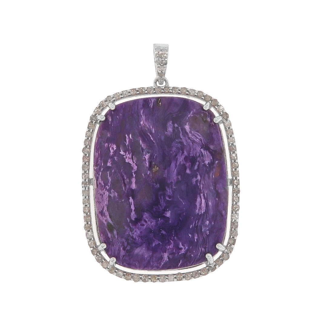Pandantiv din argint cu charoite natural și diamante naturale