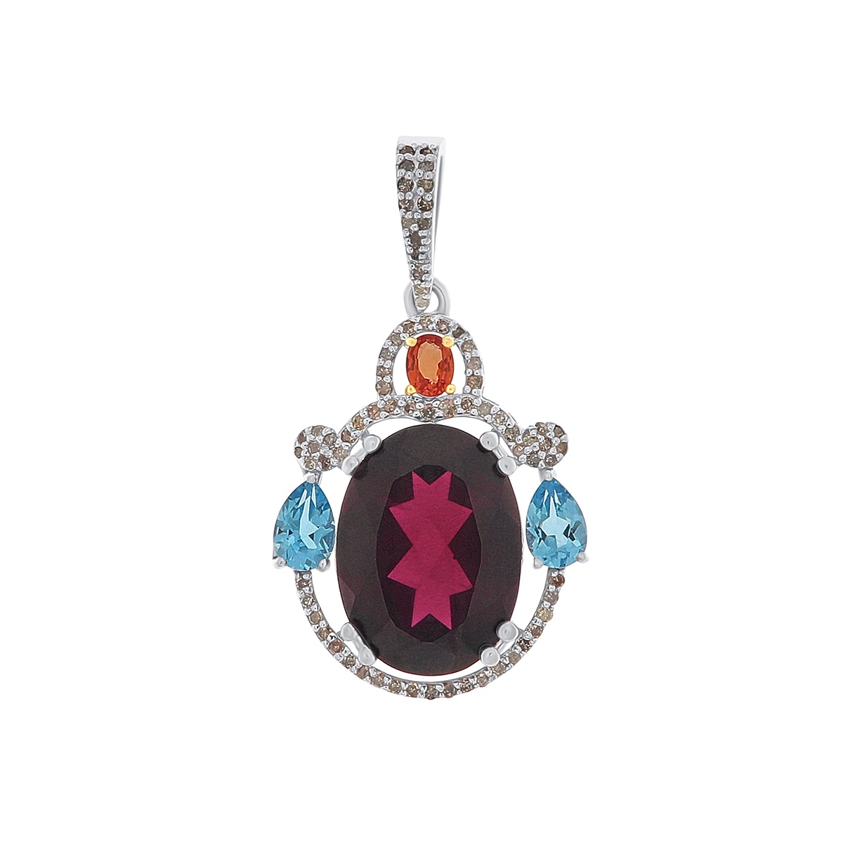 Pandantiv din argint cu granat natural, safir natural și diamante naturale