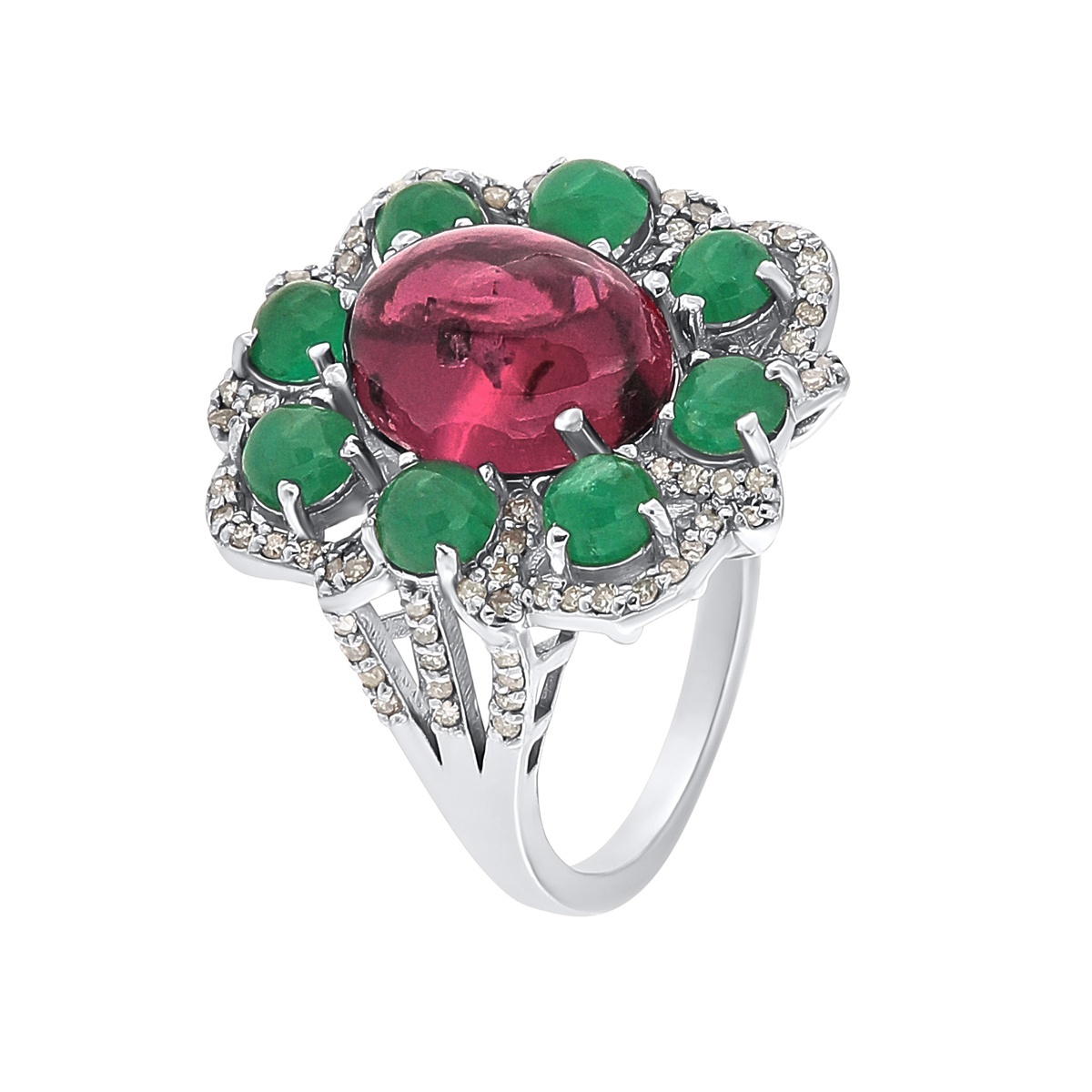 Inel din argint cu granat natural, smarald natural si diamante naturale