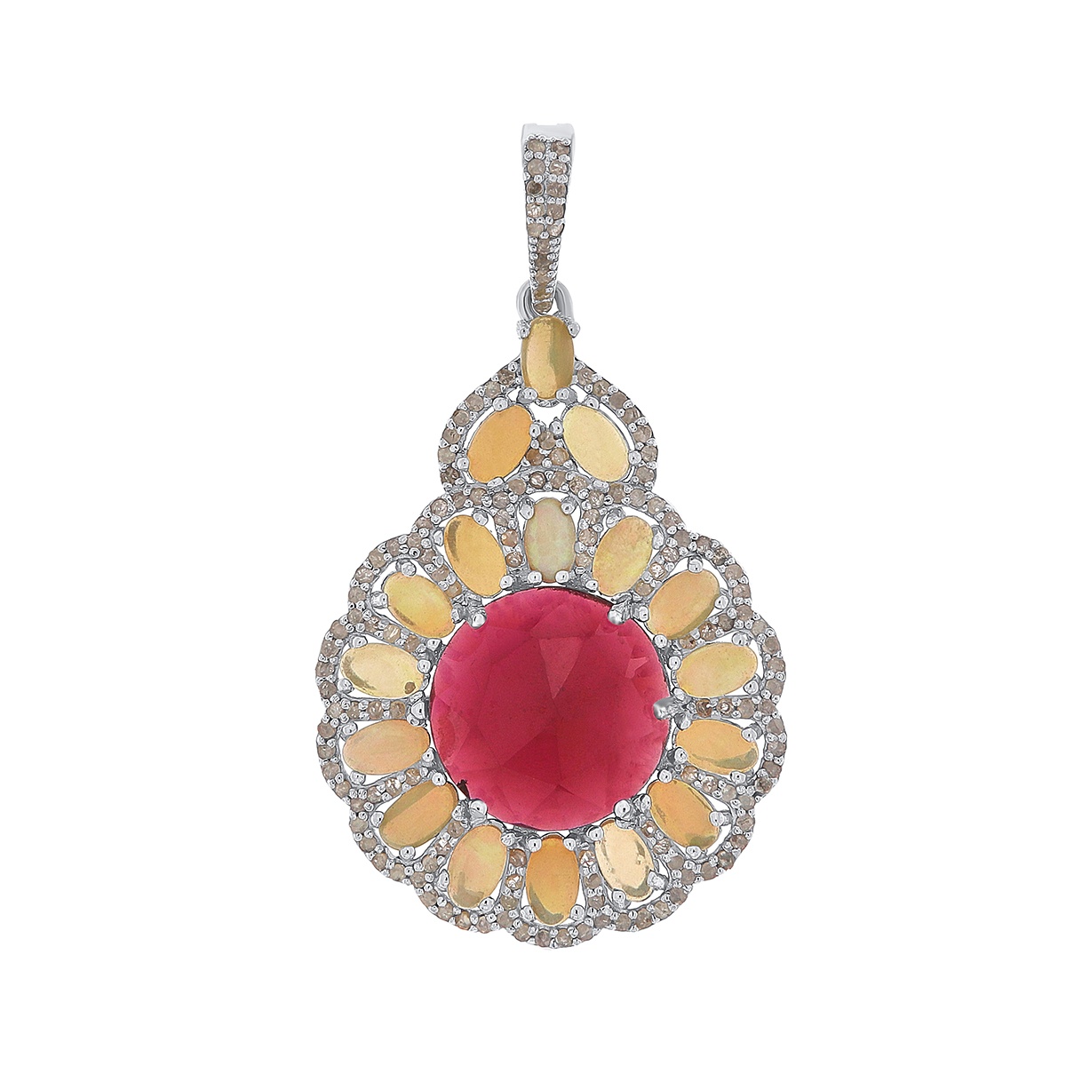 Pandantiv din argint cu granat natural, opal natural și diamante naturale