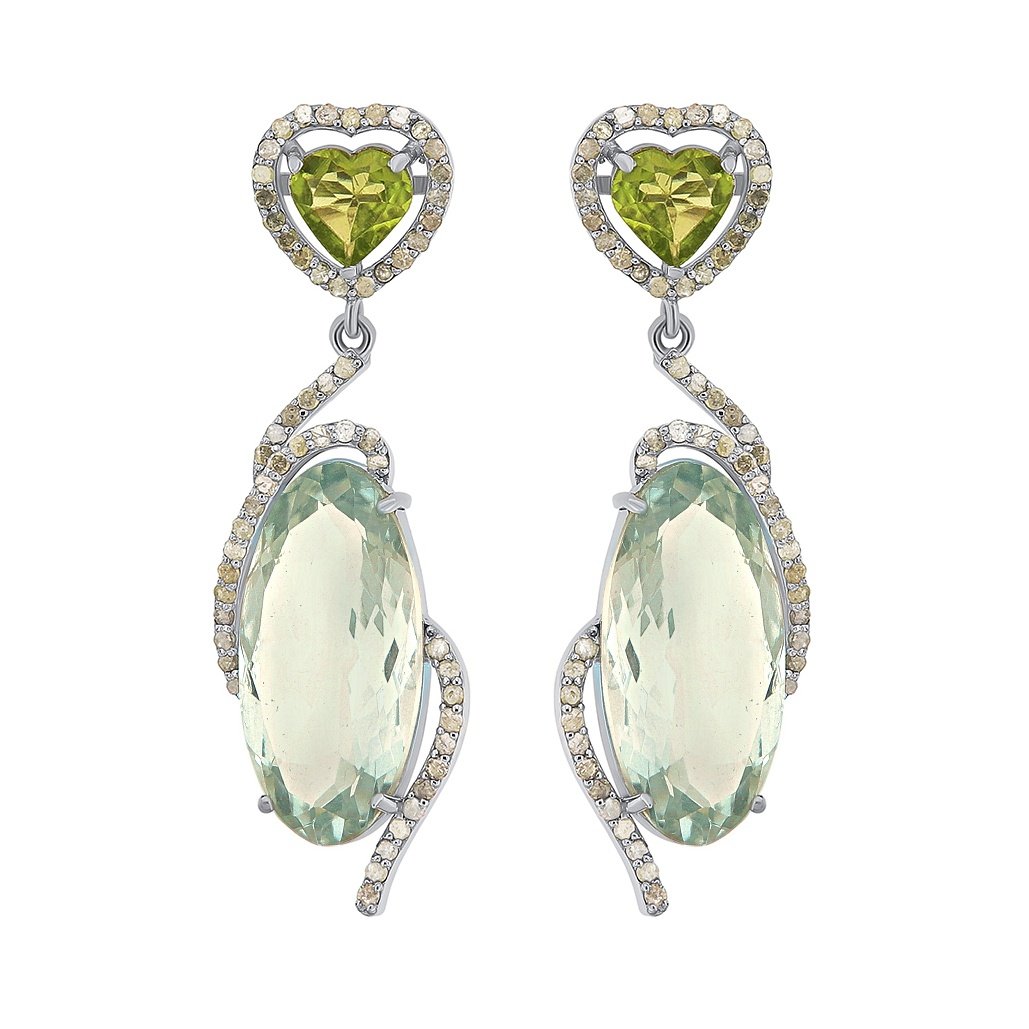 Cercei din argint cu peridot, cuarț și diamante naturale