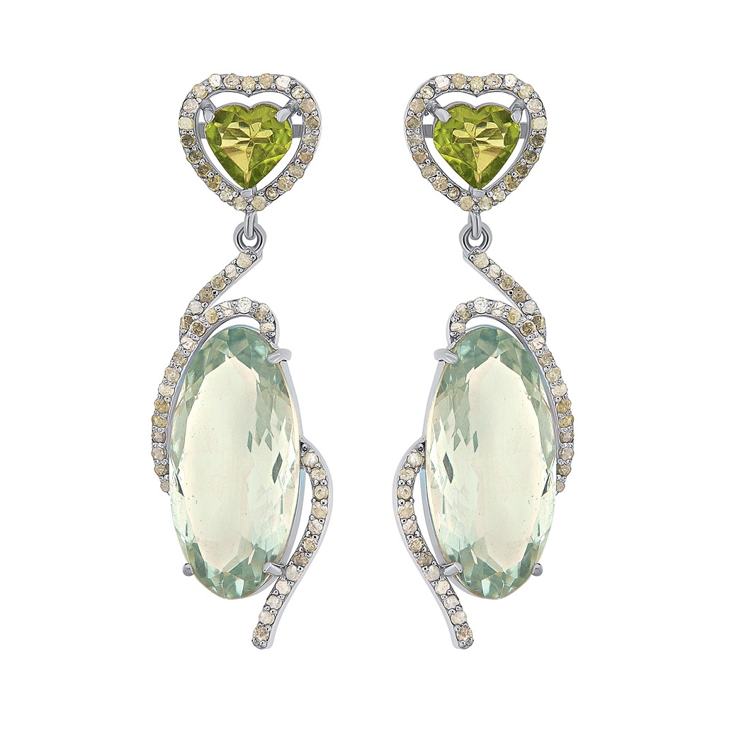 Cercei din argint cu peridot natural, cuarț natural și diamante naturale