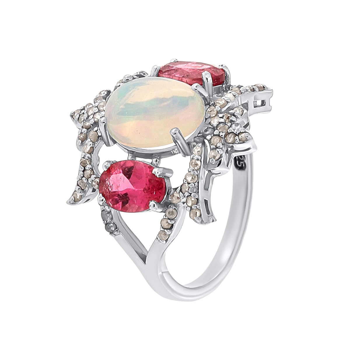 Inel din argint cu opal natural, turmalina naturala si diamante naturale