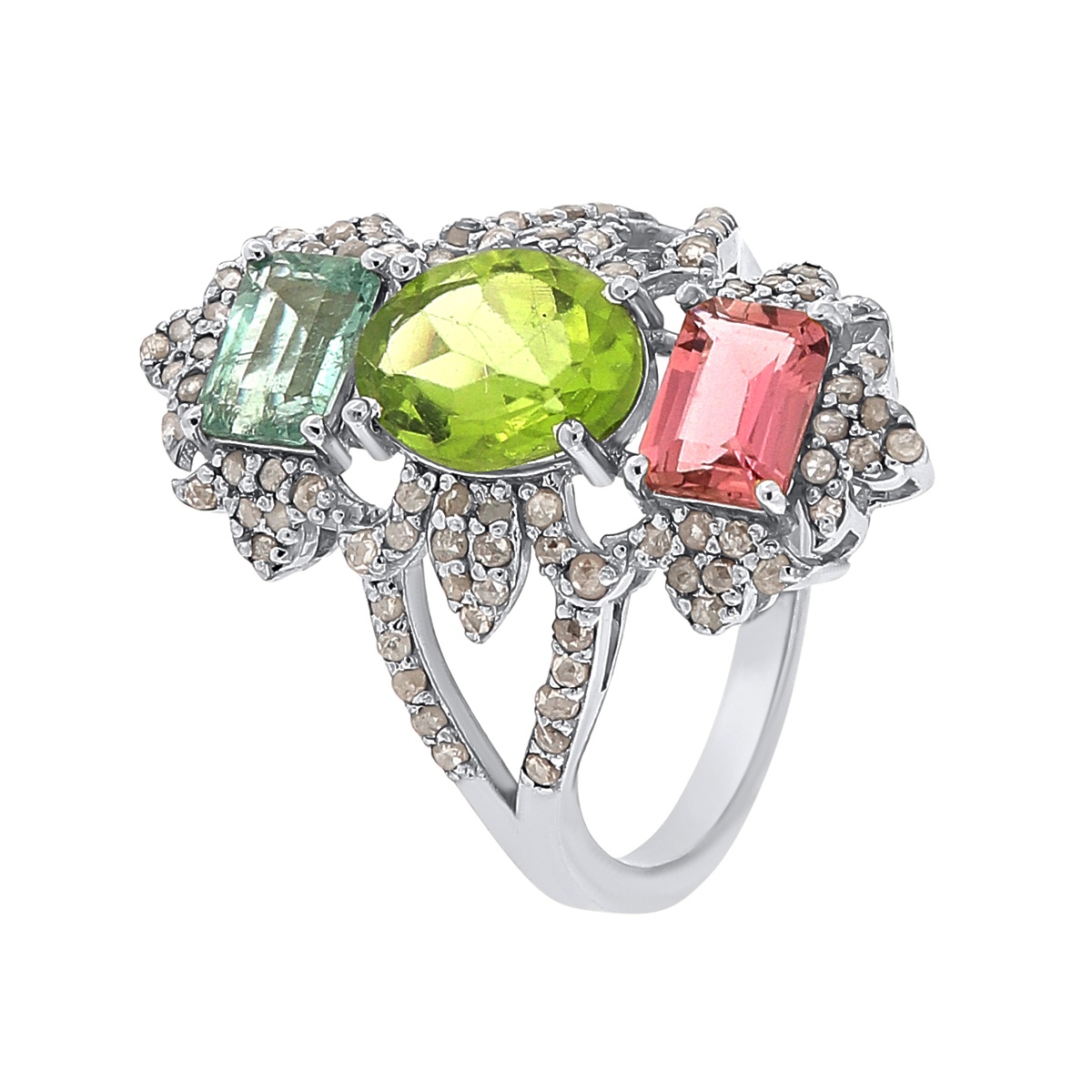 Inel din argint cu peridot natural, turmalină naturală și diamante naturale