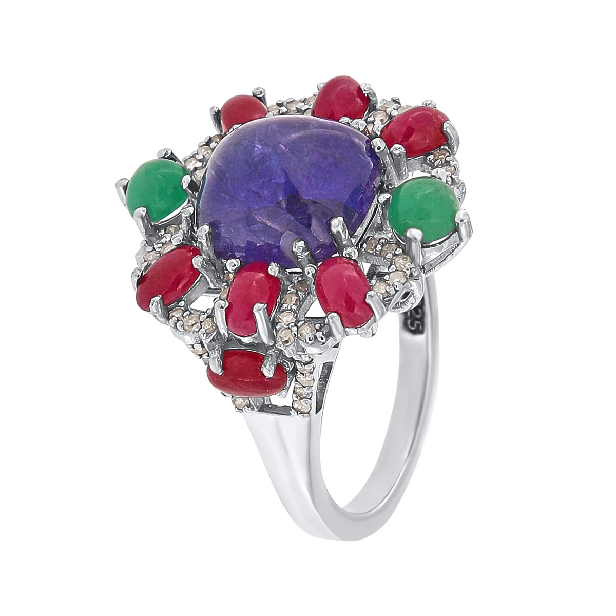 Inel din argint cu tanzanit natural, smarald natural, rubin natural si diamante naturale