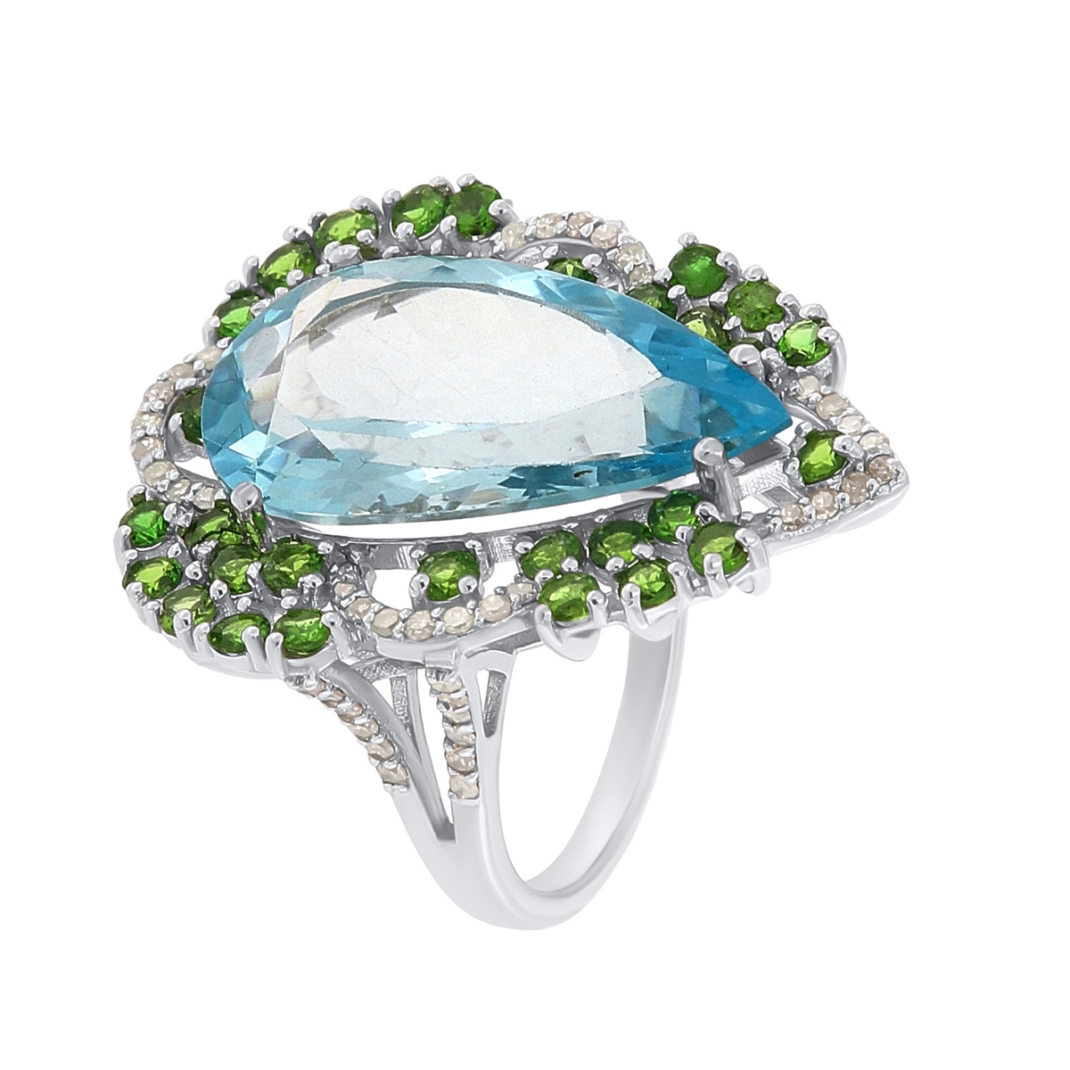 Inel din argint cu topaz natural, diopsid natural și diamante naturale