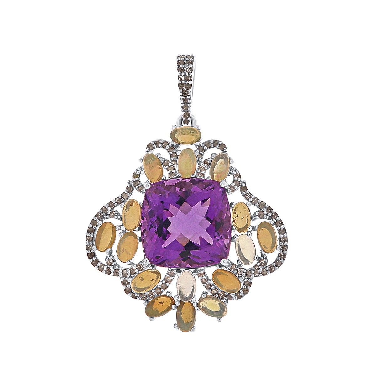 Pandantiv din argint cu ametist natural, opal natural și diamante naturale