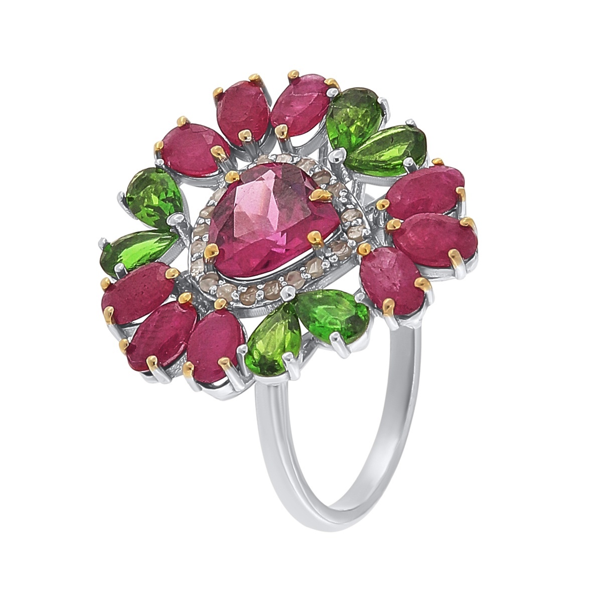 Inel din argint cu granat natural, rubin natural, diopsid natural si diamante naturale