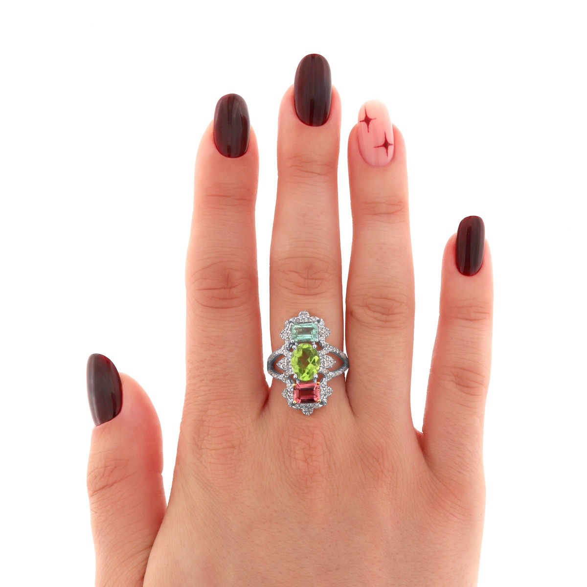 Inel din argint cu peridot natural, turmalină naturală și diamante naturale - 1 | YEO