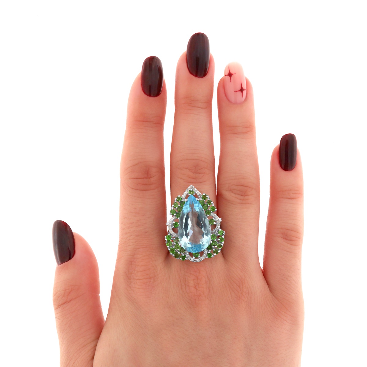 Inel din argint cu topaz natural, diopsid natural și diamante naturale - 1 | YEO
