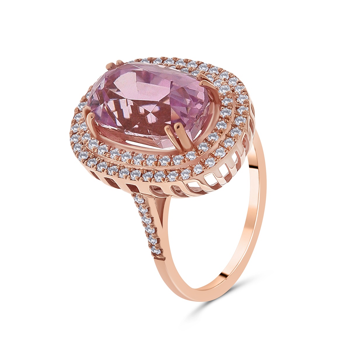 Inel din aur de 18k cu kunzit natural de 6.61 ct și diamante naturale de 0.45 ct