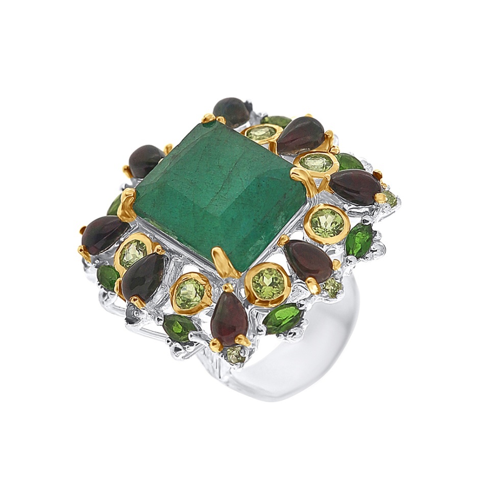 Inel din argint cu smarald, peridot, diopsid chrome și opal
