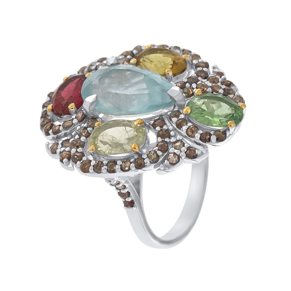 Inel din argint cu acvamarin natural, turmalină naturală și diamante naturale