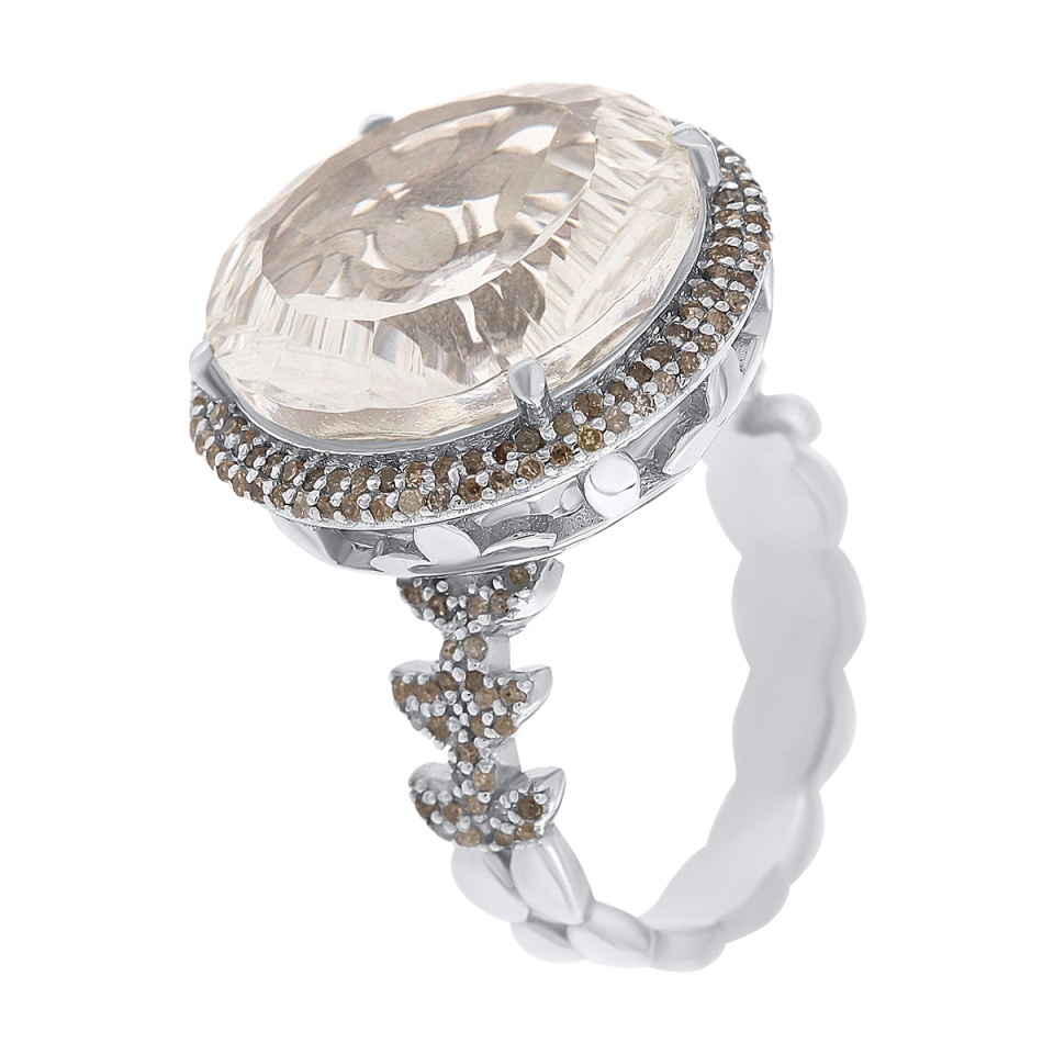 Inel din argint cu piatră de cuarț de stâncă naturală și diamante naturale