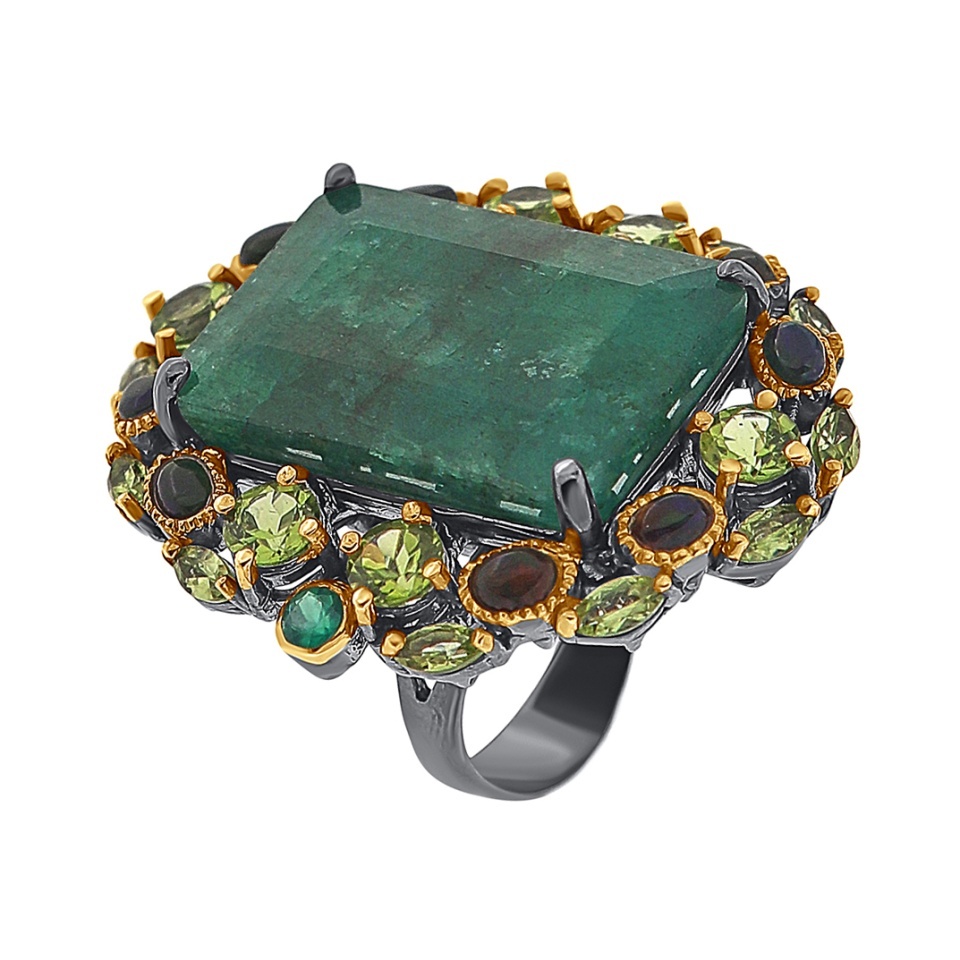 Inel din argint cu smarald, onix verde, peridot și opal