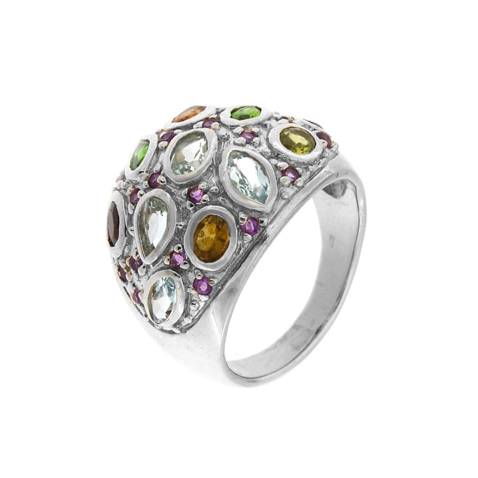 Inel din argint cu acvamarin, diopsid, rodolit, granat, peridot, citrin si ametist
