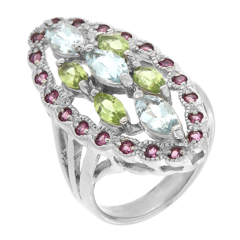 Inel din argint cu topaz, peridot si rodolit