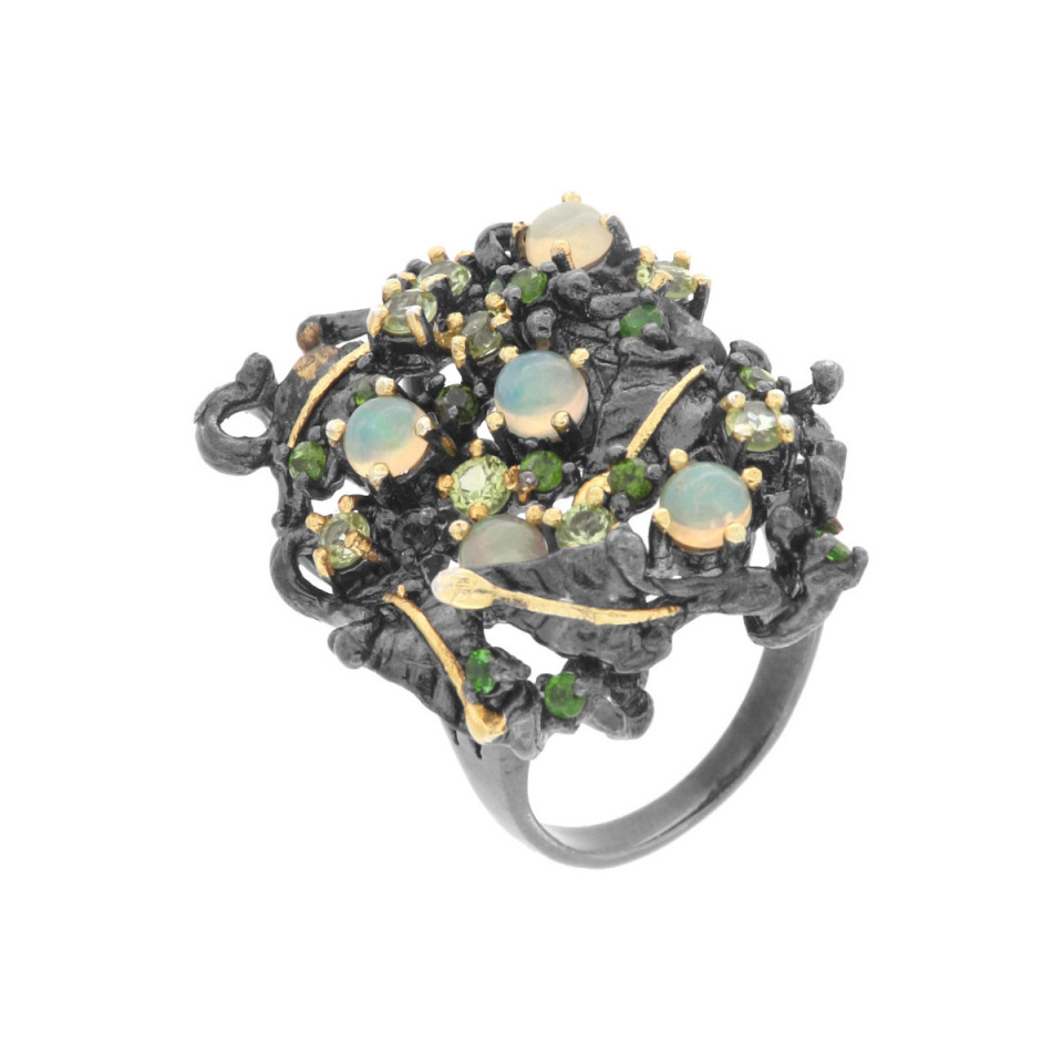 Inel din argint cu opal, peridot si diopsid