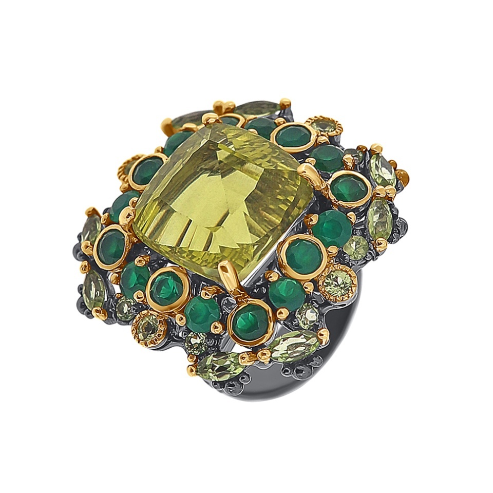 Inel din argint cu piatră de cuarț lemon, onix verde, peridot