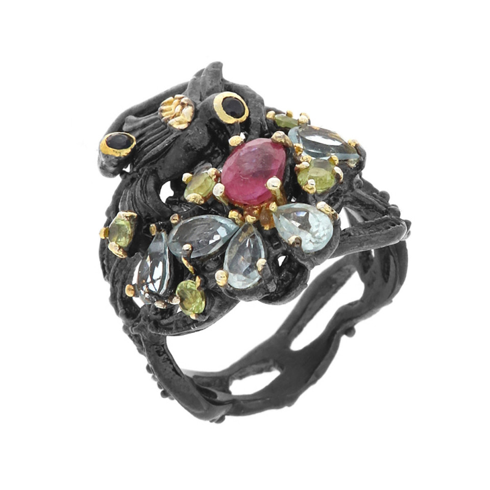 Inel din argint cu rubin, peridot, topaz si safir