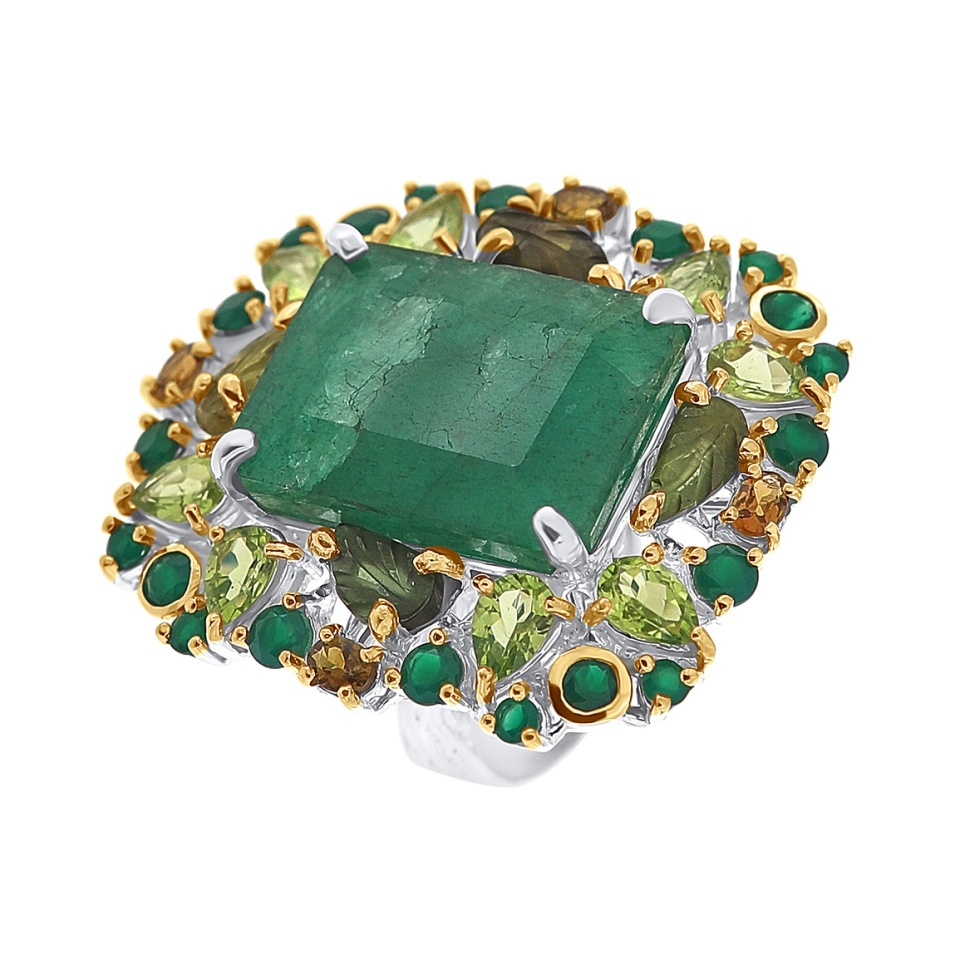 Inel din argint cu smarald, peridot, onix verde și turmalină verde