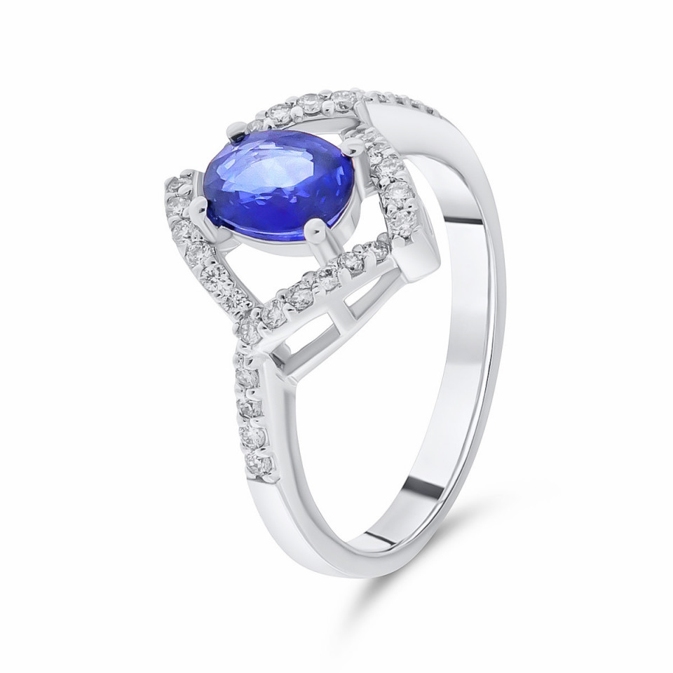 Inel din aur alb de 14k cu safir natural de 0.84 ct si diamante naturale de 0.23 ct