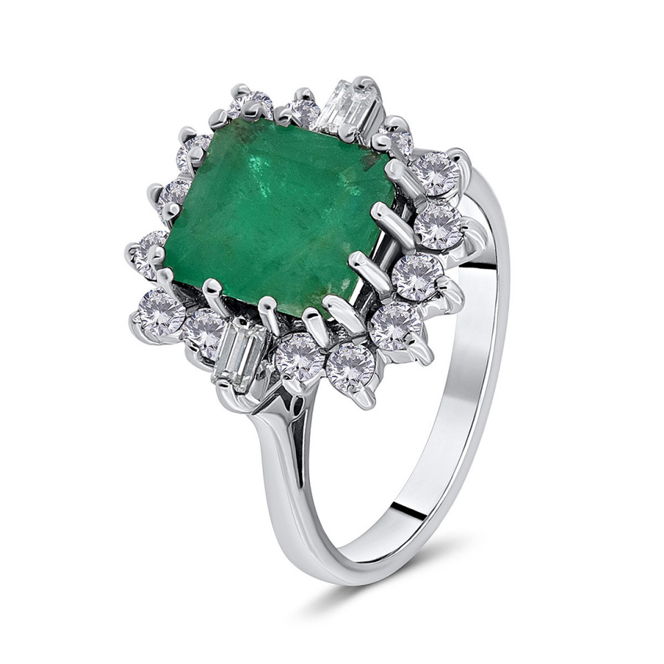 Inel din aur alb de 18k cu smarald natural de 2.50 ct si diamante naturale de 0.70 ct
